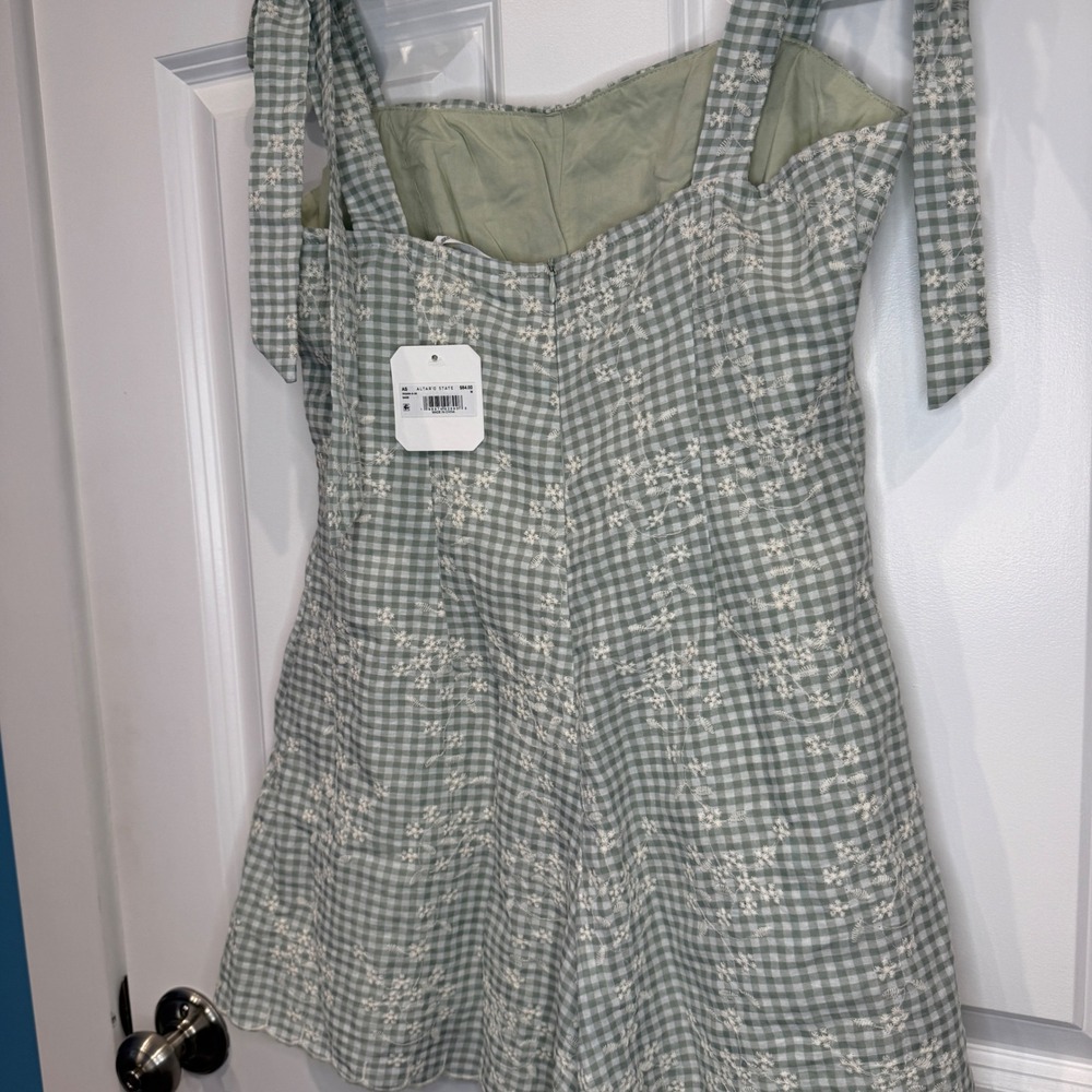 Altar'd State Size Medium Sage Green Gingham Floral Embroidered Tie Strap Romper - Picture 8 of 9